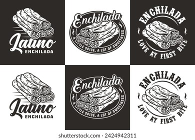 Enchilada mexicana monocromática con Vector y tortilla enrollada para logo o emblema. Latina colección tradicional de enchiladas para restaurante o cafetería de comida rápida de México.