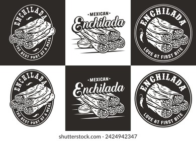 Enchilada mexicana monocromática conjunto vetor com carne e tortilla enrolada para logotipo ou emblema. Coleção tradicional latina enchiladas para restaurante ou café do México fast food.