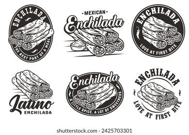 Monochrome mexikanische Enchilada Set Vektor mit Fleisch und gerollte Tortilla für Logo oder Emblem. Lateinisch traditionelle Enchiladas Sammlung für Restaurant oder Café von Mexiko Fast Food.