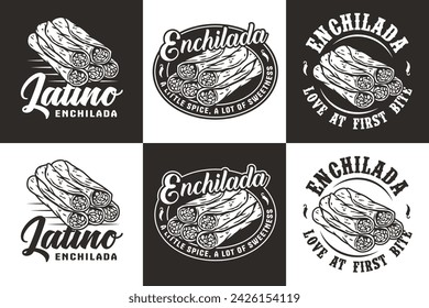 Monochrome mexican enchilada set vector with meat and rolled tortilla for logo or emblem. Latin traditional enchiladas collection for restaurant or cafe of Mexico fast food.