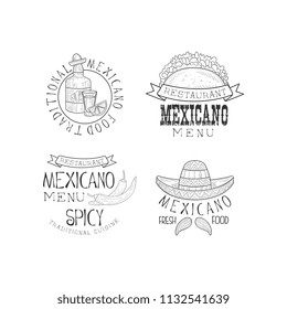 Monochrome Mexican logos for restaurants. Original vector emblems with tequila and chili peppers, tacos and sombrero with mustache