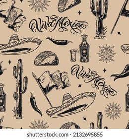 Monochrome Mexican national seamless pattern with classical sombrero, thorny tall cactus, national flag with ornament, chili pepper, taco and Viva Mexico lettering, vector illustration