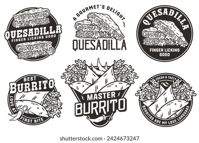 Monochrome Mexican quesadilla and burrito set vector with cheese and vegetable for logo or emblem. Latin traditional mexican fast food. Mexico food with tortilla and meat for poster or print.