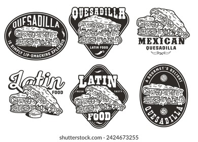 Monochrome Mexican quesadilla set vector with cheese and vegetable for logo or emblem. Latin traditional mexican fast food. Quesadillas Mexico food with tortilla and meat for poster or print.