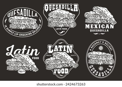 Monochrome Mexican quesadilla set vector with cheese and vegetable for logo or emblem. Latin traditional mexican fast food. Quesadillas Mexico food with tortilla and meat for poster or print.