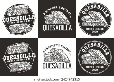 Quesadilla mexicana monocromática definido vetor com queijo e vegetal para logotipo ou emblema. Comida tradicional latina mexicana. Quesadillas México comida com tortilla e carne para cartaz ou impressão.