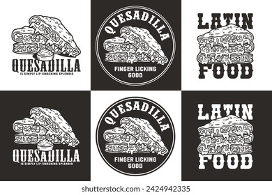 Monochrome mexikanische Quesadilla-Set-Vektor mit Käse und Gemüse für Logo oder Emblem. Lateinisch traditionelles mexikanisches Fastfood. Quesadillas Mexiko Lebensmittel mit Tortilla und Fleisch für Poster oder Druck.