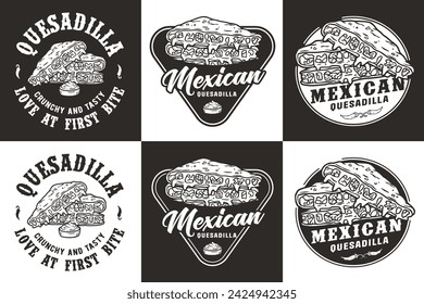 Monochrome mexikanische Quesadilla-Set-Vektor mit Käse und Gemüse für Logo oder Emblem. Lateinisch traditionelles mexikanisches Fastfood. Quesadillas Mexiko Lebensmittel mit Tortilla und Fleisch für Poster oder Druck.