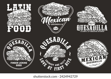 Vetor de quesadilla mexicano monocromático com queijo e vegetal para logotipo ou emblema. Comida tradicional latina mexicana. Quesadillas México comida com tortilla e carne para cartaz ou impressão.