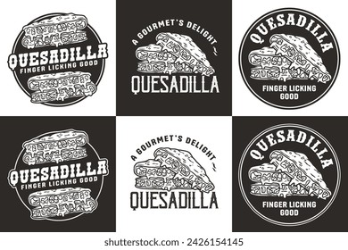 Vector monocromo de conjunto de quesadilla mexicana con queso y verdura para logotipo o emblema. Comida rápida mexicana tradicional latina. Quesadillas México comida con tortilla y carne para cartel o estampado.