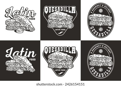 Monochrome mexican quesadilla set vector with cheese and vegetable for logo or emblem. Latin traditional mexican fast food. Quesadillas Mexico food with tortilla and meat for poster or print.