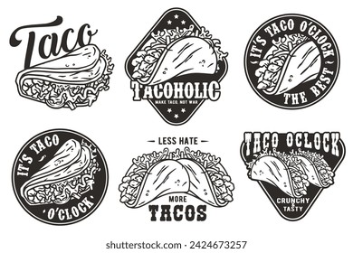 Monochrome Mexican taco set vector with meat and vegetable for logo or emblem. Latin traditional taco collection for restaurant or cafe of Mexico fast food.