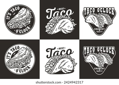 Taco mexicano monocromático conjunto vetor com carne e legumes para logotipo ou emblema. Coleção tradicional latina de tacos para restaurante ou café do México fast food.