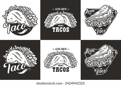 Monochrome mexikanische Taco-Set-Vektor mit Fleisch und Gemüse für Logo oder Emblem. Lateinische traditionelle Taco-Sammlung für Restaurant oder Café von Mexiko Fast Food.