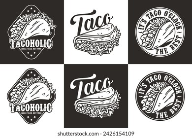 Monochrome mexican taco set vector with meat and vegetable for logo or emblem. Latin traditional taco collection for restaurant or cafe of Mexico fast food.