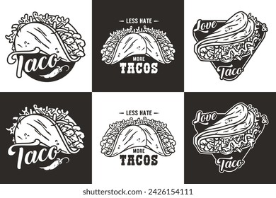 Monochrome mexican taco set vector with meat and vegetable for logo or emblem. Latin traditional taco collection for restaurant or cafe of Mexico fast food.