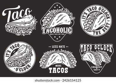 Monochrome Mexican taco set vector with meat and vegetable for logo or emblem. Latin traditional taco collection for restaurant or cafe of Mexico fast food.