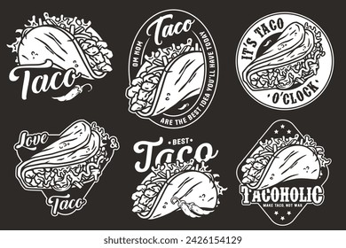 Monochrome Mexican taco set vector with meat and vegetable for logo or emblem. Latin traditional taco collection for restaurant or cafe of Mexico fast food.