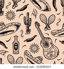 Monochrome Mexican tradition vintage seamless pattern with prickly cactus with grass, painted guitar, tequila bottle, chili pepper, pair of maracas, sombrero, sun and curl elements, vector