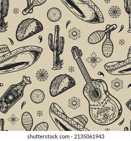 Monochrome Mexican vintage seamless pattern with sombrero hat, taco, painted guitar, maracas, flowers and cross section of lime, vector illustration