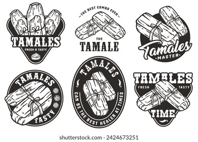 Monochrome Mexico tamale set vector with corn leaves for logo or emblem. Latin traditional tamales collection for restaurant or cafe of Mexico fast food.