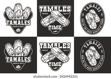 Monochrome mexico Tamale Set Vektor mit Maisblättern für Logo oder Emblem. Lateinische traditionelle Tamales Sammlung für Restaurant oder Café von Mexiko Fast Food.
