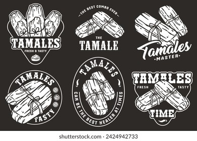 Monochrome Mexiko Tamale Set Vektor mit Maisblättern für Logo oder Emblem. Lateinische traditionelle Tamales Sammlung für Restaurant oder Café von Mexiko Fast Food.