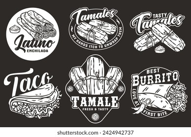 Vector monocromo de México con hojas de maíz para logo o emblema. Latina tradicional burrito y taco colección para restaurante o cafetería de comida rápida de México.