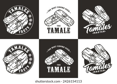 Monochrome mexico tamale set vector with corn leaves for logo or emblem. Latin traditional tamales collection for restaurant or cafe of Mexico fast food.