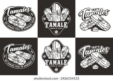 Monochrome mexico tamale set vector with corn leaves for logo or emblem. Latin traditional tamales collection for restaurant or cafe of Mexico fast food.