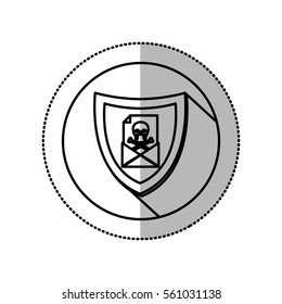 monochrome middle shadow sticker with circle with shield and mail pirate skull