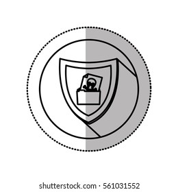 monochrome middle shadow sticker with circle with shield and folder skull and bones