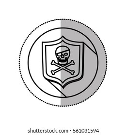 monochrome middle shadow sticker with circle with shield with skull and bones