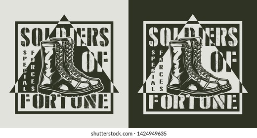 Monochrome military logotype with soldier boots and inscriptions in vintage style isolated vector illustration