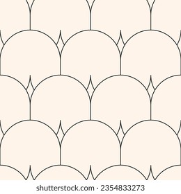 Monochrome minimal vector geometric seamless pattern. Art deco style background with thin curved lines, grid, peacock ornament. Subtle black and white abstract texture. Simple delicate repeated design
