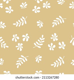 Monochrome minimalist botanical seamless pattern. Simple doodle white flowers and leaves twigs on a light pastel beige background. vector illustration