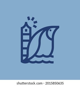 Monochrome, Minimalist, Modern Penguin And Light House Tower Monoline Icon Logo