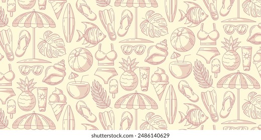 Monochrome minimalist seamless summer pattern, beach elements. Swimsuit, flip flops, flippers, fish, surfboard, umbrella, coconut cocktail, pineapple. For cover, wrapping paper, textile print