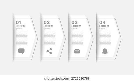 Plantilla de infografía minimalista monocromática. Diseño de visualización de datos con 4 pasos u opciones.
