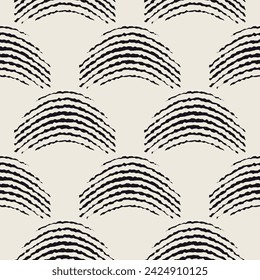 Monochrome minimalistic seamless pattern with arcs. Simple hand drawn texture. Vector background with rounded inky lines