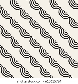 Monochrome minimalistic seamless pattern with arcs. Simple hand drawn texture. Vector background with rounded inky lines 