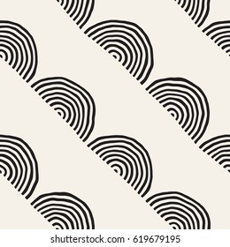 Monochrome minimalistic seamless pattern with arcs. Simple hand drawn texture. Vector background with rounded inky lines 