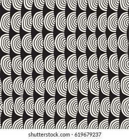 Monochrome minimalistic seamless pattern with arcs. Simple hand drawn texture. Vector background with rounded inky lines 