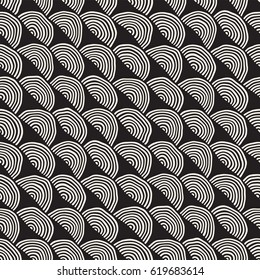 Monochrome minimalistic seamless pattern with arcs. Simple hand drawn texture. Vector background with rounded inky lines 