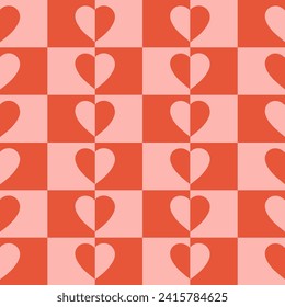 Monochrome minimalistic seamless pattern with hearts on a checkered background. Modern retro illustration for decoration. Aesthetic vector print in style 60s, 70s. Pink and red colors