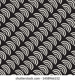 Monochrome minimalistic seamless pattern with stripe arcs. Simple hand drawn texture. Vector background with rounded inky lines
