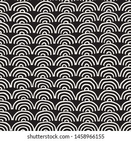 Monochrome minimalistic seamless pattern with stripe arcs. Simple hand drawn texture. Vector background with rounded inky lines