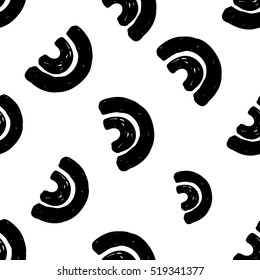 Monochrome minimalistic tribal seamless pattern with wide arcs. Inspired by signs of primitive aboriginal culture. Vector background with isolated inky black art on white backdrop for nursery.
