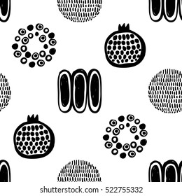 Monochrome minimalistic tribal seamless pattern with pomegranate, dot circle, maize corn, sun ball. Inspired by signs of primitive aboriginal culture. Vector background for nursery.