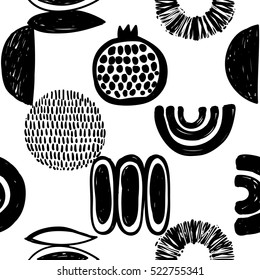 Monochrome minimalistic tribal seamless pattern with pomegranate, ethnic sun, crescent, seed, maize, arcs, thin curves, ball. Inspired by signs of primitive culture. Vector background for nursery.